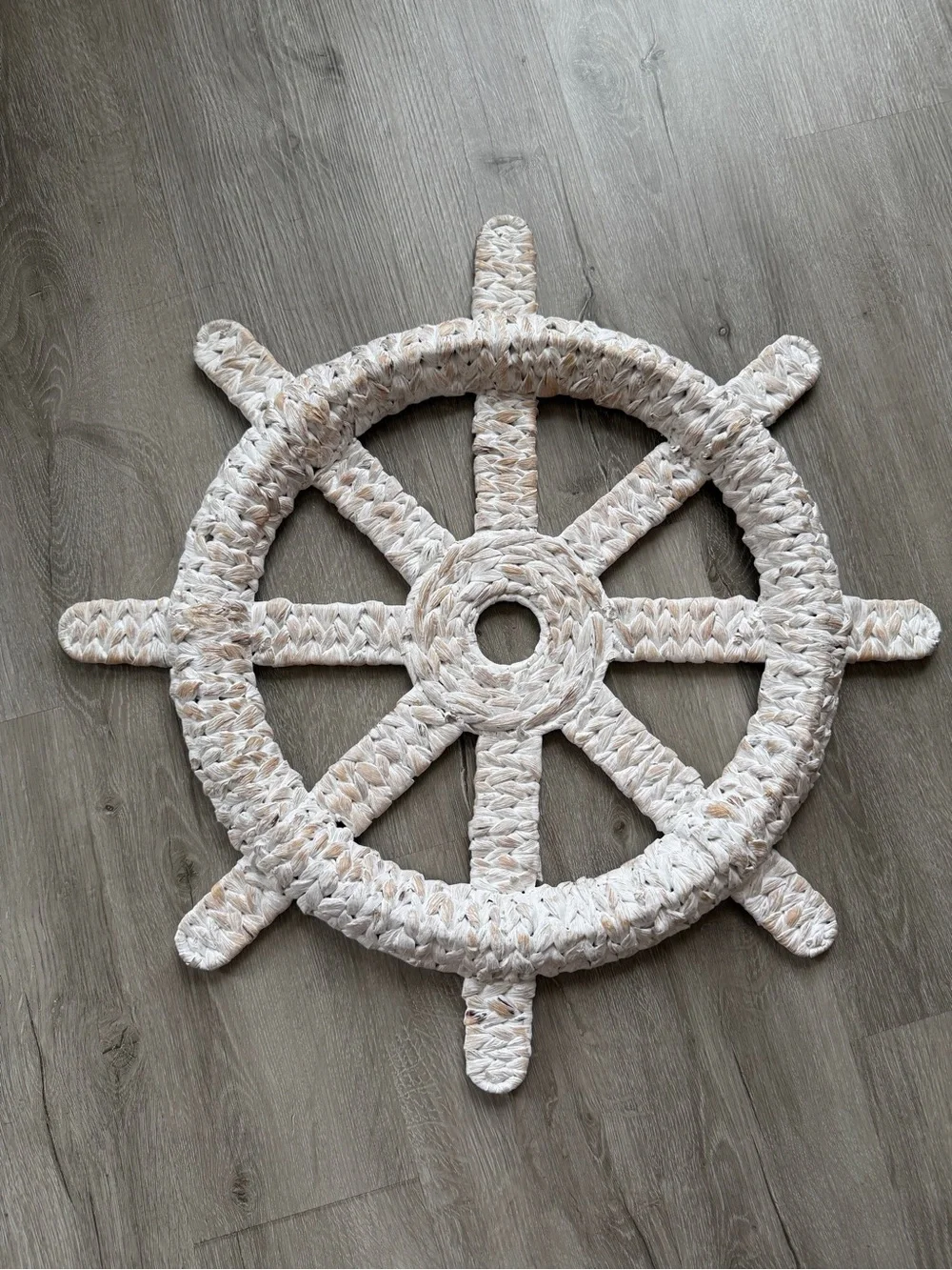 Nautical Ship Wheel Wall Decor - White and Natural Braided Wicker Rope Boho